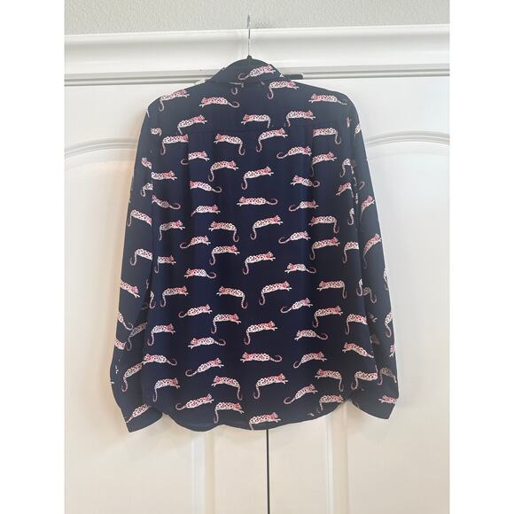Loft Sheer Navy Collar Button Down Leopard Cat Novelty Print Blouse - Picture 8 of 8